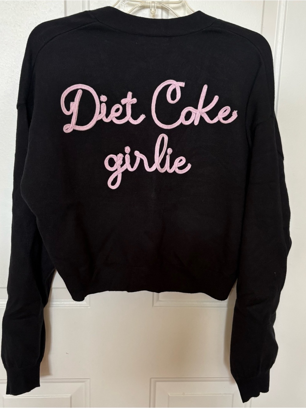 Black 'Diet Coke girlie' Script Button-up Cardigan - Pink Applique